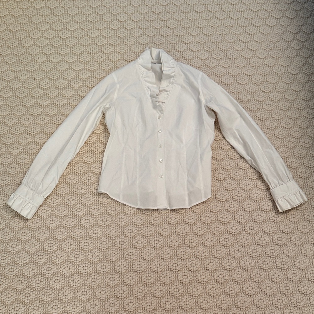 Brooks Brothers Womens Iron Free White Button-Up Shirt with Ruffle Collar